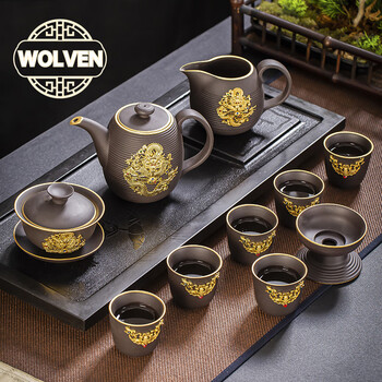 整套装鎏金壶送长辈上司茶具 紫砂镶金腾龙壶套装 11头【图片 价格