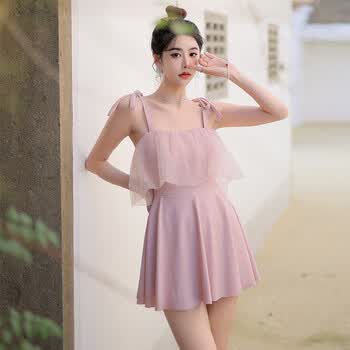 阿瑞娜甜美日系软萌可爱少女连体裙式泳衣女荷叶边韩国学生温泉泳粉色