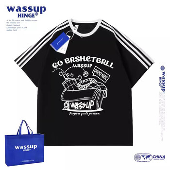 wassup hinge三条杠纯棉短袖t恤男2024情侣装夏季宽松衣服休闲男女