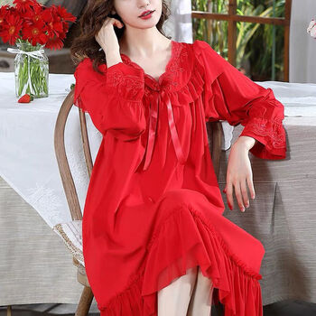 醉米大红色睡裙女秋冬棉质长袖本命年中长款春秋薄款新婚睡衣裙子1961