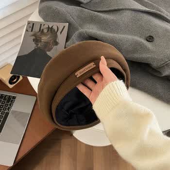 尚居芳贝雷帽子女网红秋冬毛呢贝雷帽大头围女日系复古棕色百搭英伦