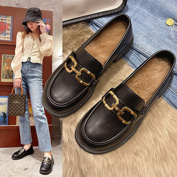 【品牌女鞋】意尔康旗下加绒单鞋女小皮鞋女英伦风秋冬季软皮舒适上班