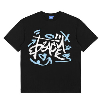 teach peace美式潮牌涂鸦logo短袖t恤男街头复古圆领夏装上衣女 黑色