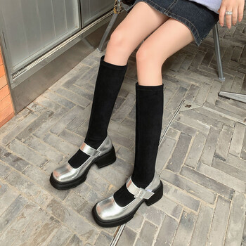秋季新款女鞋2023秋冬圆头长靴瘦瘦靴高筒不过膝显瘦中跟厚底 银色 单