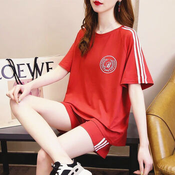 服女装200斤套装夏天新款宽松胖mm休闲运动跑步短袖短裤红色套装s码