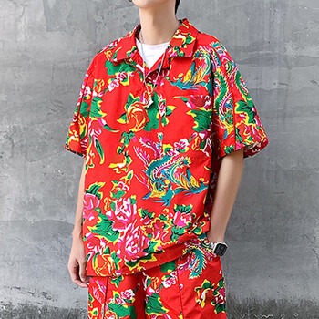 戎诺国潮东北大花布套装短袖t恤男大码宽松精神小伙衣服夏季polo衫男