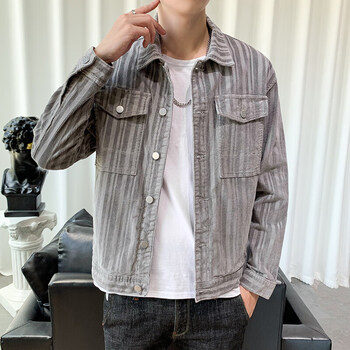 纯以纯男官方旗艦店牛仔外套男春秋款翻领百搭暗条纹高级感男士夹克