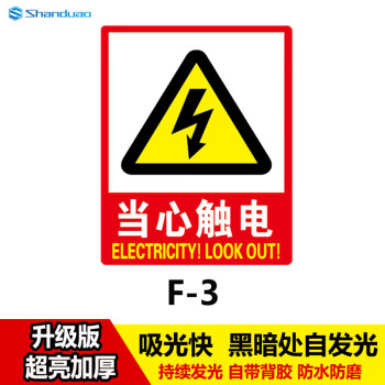 SHANDUAO 消防标识指示牌 24*33cm夜光地贴墙贴逃生通道提示牌当心触电F3（6个装）