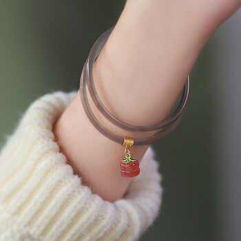 叮当镯一对宫铃烟灰色玉手镯复古风少女细条铃铛镯子 古风烟灰色柿子