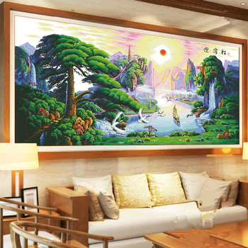织巢鸟纯手工十字绣成品迎客松仙鹤版流水生财风景山水大画新款客厅