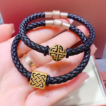 凯麒麟黄金刺青守护路路通转运珠手链男女串珠金珠皮绳情侣手勇气皮绳