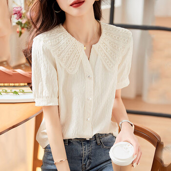 静洛雅雪纺衬衫女2024夏季新款娃娃领别致小众短袖法式洋气减龄上衣