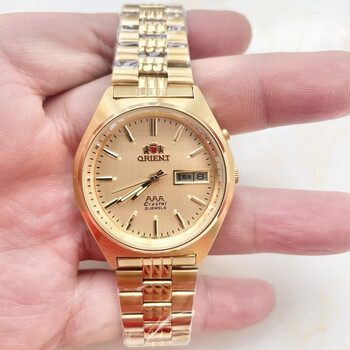 双狮全自动机械表双日历夜光三a金色防水中老年怀旧腕表库存老款 黄色