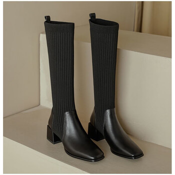 轻奢】小个子长筒袜靴女粗跟跨境弹力瘦瘦靴子秋新款显高骑士靴 黑色