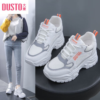 大东运动休闲鞋内增高小白鞋百搭厚底网面鞋春夏季老爹鞋子女桔红色35