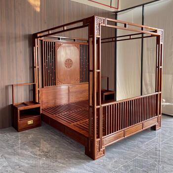 雕花拔步床 新中式实木架子床别墅简约婚床卧室仿古双人雕花拔步床