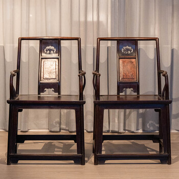 yaran culture 清代紫檀镶瘿木三攒靠背如意云纹南官帽椅(一对)明清老