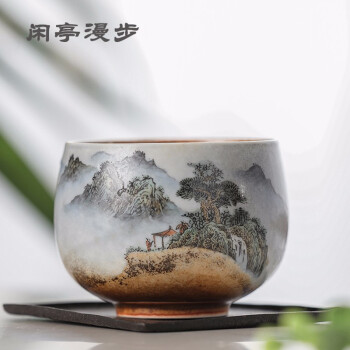 特別セール品】 【茶】中国 染付 山水舟に人物 蓋付碗 飯茶碗 七客 染