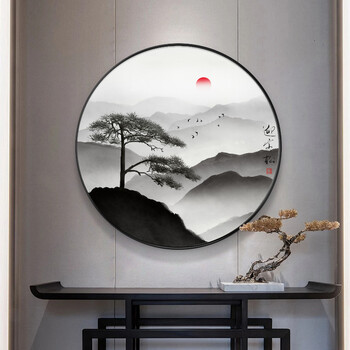 迎客松壁画新中式入户玄关装饰画圆形进门画客厅挂画正对大门的画 e