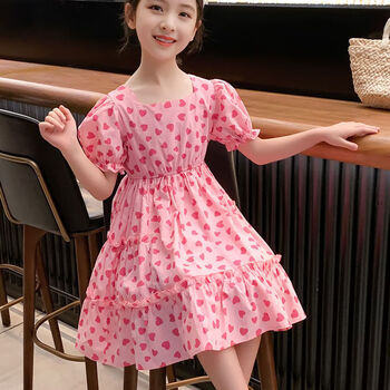 夏装韩版大童女孩公主裙夏季洋气儿童碎花裙子玫红色女童碎花裙140