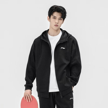 李宁（LI-NING）乒乓球服男女秋冬款开衫连帽卫衣羽毛球服运动上衣团购 黑色 L 