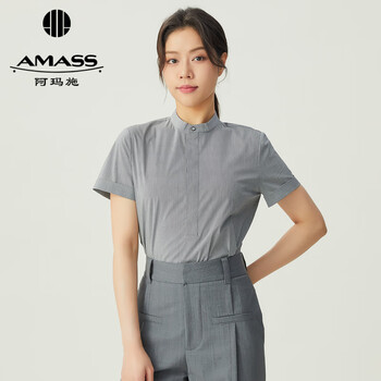 阿玛施（AMASS）通勤风小立领套头格纹短袖衬衫上衣女5300484 黑格 S (2码)【图片 价格 品牌 报价】-京东