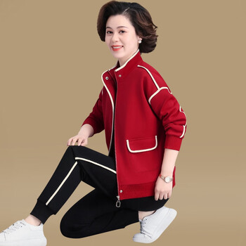 奢曼莲母节4050岁女人穿的春秋款衣服小个子套装妈妈运动服中年人红色