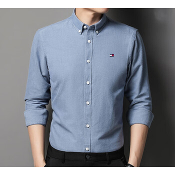 美国国际品牌湯米男士长袖衬衫纯棉春秋季商务休闲纯色百搭衬衣 兰灰