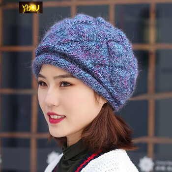 帽子女秋冬手工卷边方块段染彩线羊毛妈妈帽包头帽针织毛线帽女士冬帽