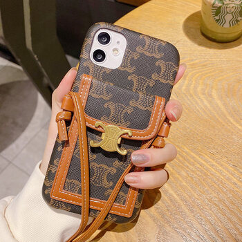 贝乐星辉celine手机壳斜跨iphone12插卡适用苹果12promax单肩牛皮挂绳