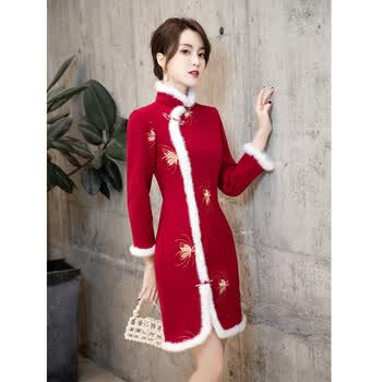拜年服女成人冬加厚新年汉服冬装女大人红色旗袍新款款衣服过年唐装装中国风qj毛呢红色 总衣长90cm S 图片价格品牌报价 京东