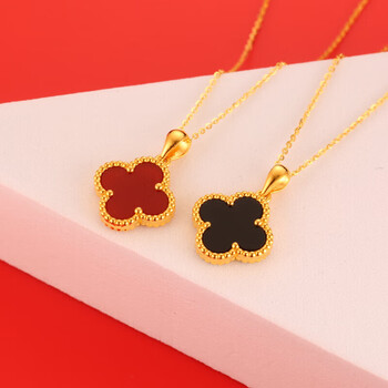 周六福镶玉四叶草吊坠女锁骨项链玉髓小幸运草送女友 四叶草吊坠红色