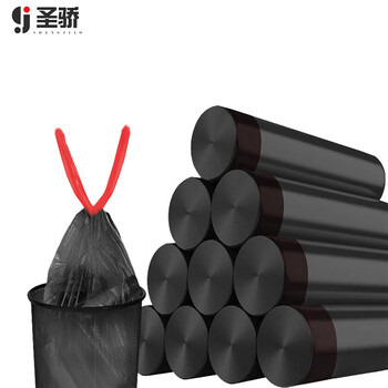 圣骄 大号一次性加厚抽绳塑料垃圾袋 黑色加厚62*71cm5卷/15只1卷 