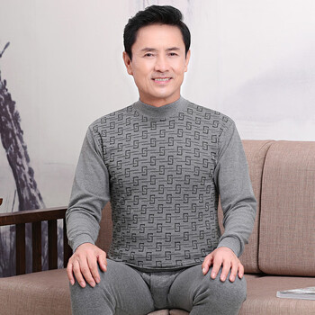 男秋衣秋裤套装纯棉全棉大码中老年人保暖内衣中领高领棉毛衫男士深灰