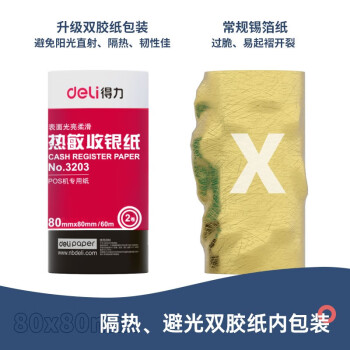 得力（deli）莱茵河热敏收银纸 80*80型40卷 餐饮外卖收银机打印纸 酒店超市收银小票纸 60米/卷足米足量3203