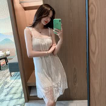 吊带睡裙女冰丝短薄款法式情调性感迷人蕾丝睡衣女夏季男友家居服3-8