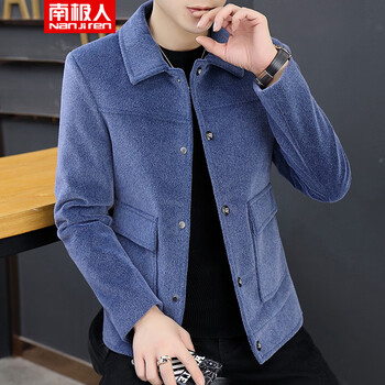 韩版修身男生衣服秋装休闲加棉加厚褂子保暖呢子大衣服男装 8822蓝色