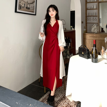 红色吊带长裙2023春夏季新款胖妹妹显瘦外搭连衣裙女 蕾丝衫 吊带裙
