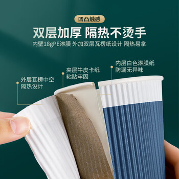百草园一次性纸杯瓦楞杯商务办公咖啡杯防烫双层隔热280ml*50只 锐蓝色