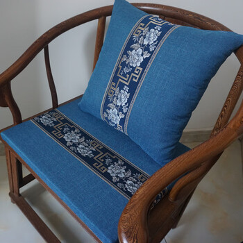 新中式椰棕圈椅垫靠垫棉麻刺绣坐垫海绵沙发垫飘窗垫定制棕榈垫藏色蓝