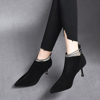 石头小猪翻毛皮鞋女短靴冬季高跟真皮细跟磨砂单靴年新款加绒小跟靴