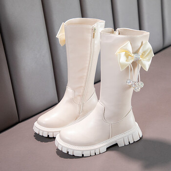 皮靴女童高筒靴秋冬季加绒女孩长筒公主靴洋气靴宝宝儿童棉鞋 米白色