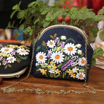 欧式新手手工刺绣diy包包材料包立体丝带绣苏绣自制斜挎包 【深蓝】
