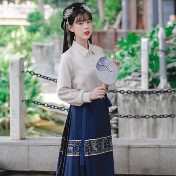 摩时袋汉服马面裙全套改良日常侍女赋明制织金胖mm中长款汉 藏青色