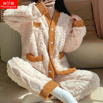 穆宁雪 冬季珊瑚绒睡衣女韩版卡通甜美可爱少女加绒加厚法兰绒翻领