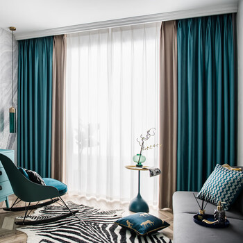 大气全遮光双面提花窗帘布卧室客厅飘窗窗帘 4号松石绿拼15号香槟色