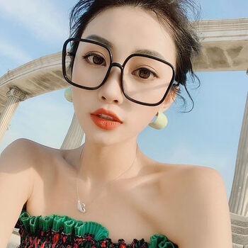 时翡 韩版黑框黑色眼镜架女大方框近视眼镜框圆脸素颜显脸小透明 亮黑
