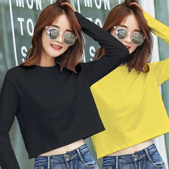 秋季高腰露腰露肚脐长袖小款上衣女士打底t恤短款上衣女ins新款韩版