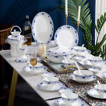 唐昭(tangzhao) 景德镇青花瓷餐具中式陶瓷碗盘家用套装釉中彩复古