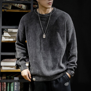 那荔毛衣男宽松冬季重工水洗复古8粗针毛线衣男士潮牌圆领针织黑灰色